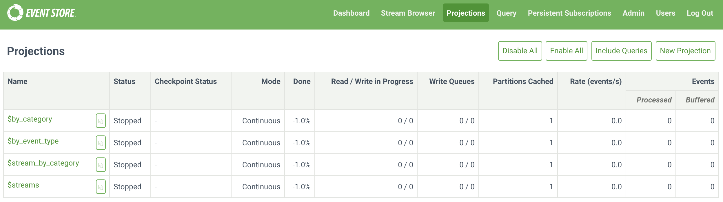 Web admin interface projections tab